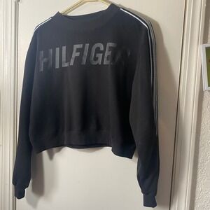 Tommy Hilfiger Cropped Sweatshirt Black Silver Striped Sleeve Pullover medium